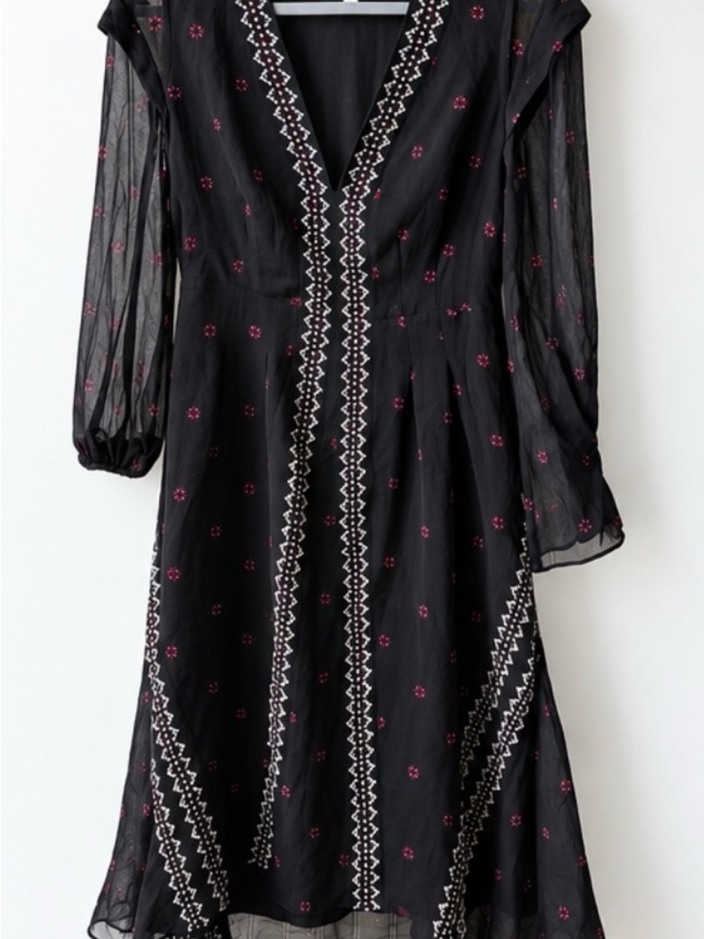 Joie Black Midi Dress with Pink Floral Embroidery and White Trim